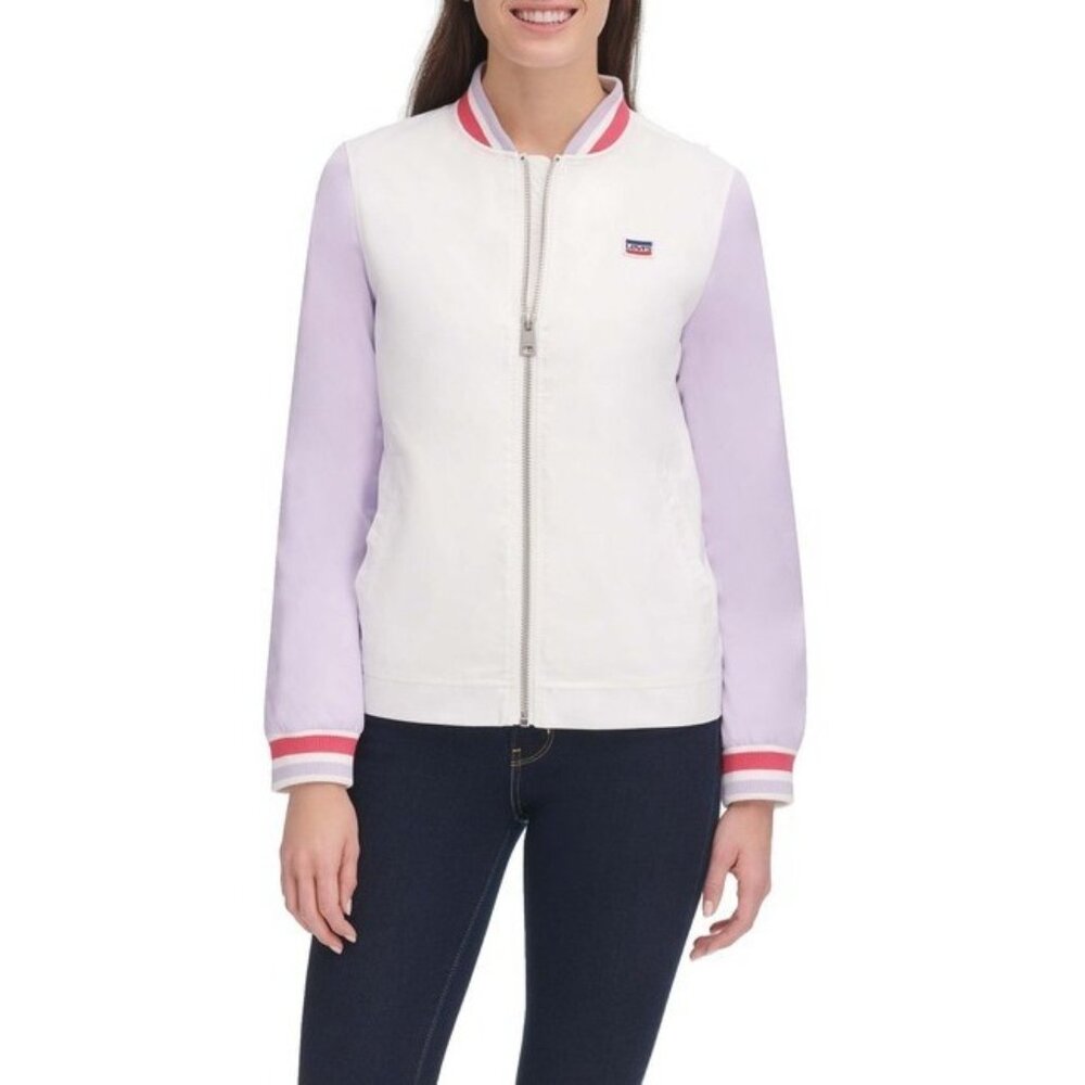 LEVI'S Women's Color Block Poly Satin Retro Bomber Jacket White Purple Sz L NWT